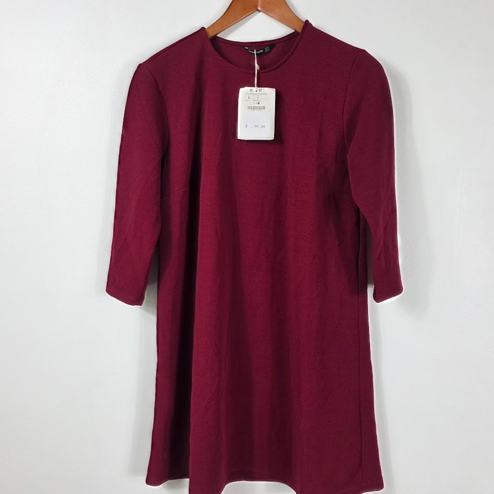 Stradivarius Burgundy Shift Dress Womens Large 3/4 Sleeve Textured Mini 6386/100